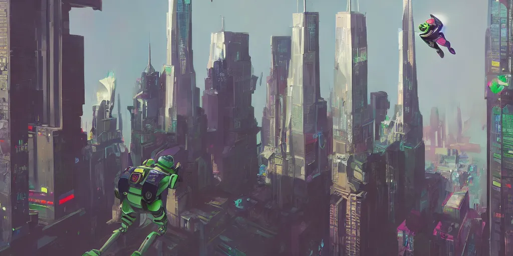 Prompt: a colorful comic noir illustration painting of a cyberpunk buzz lightyear flying by the twin towers, world trade center, by sachin teng and sergey kolesov and ruan jia and heng z. hyper detailed. octane render. trending on artstation