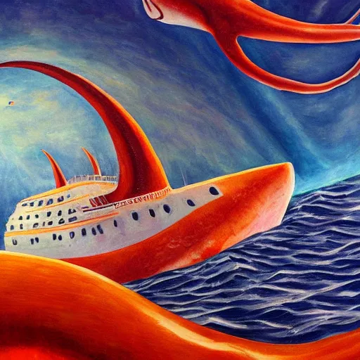 Image similar to A giant squid destroying a cruise ship in the middle of the ocean, oil painting