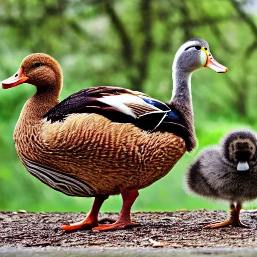 Image similar to a crossbreed of a turkey and a duck, with chicks, photo