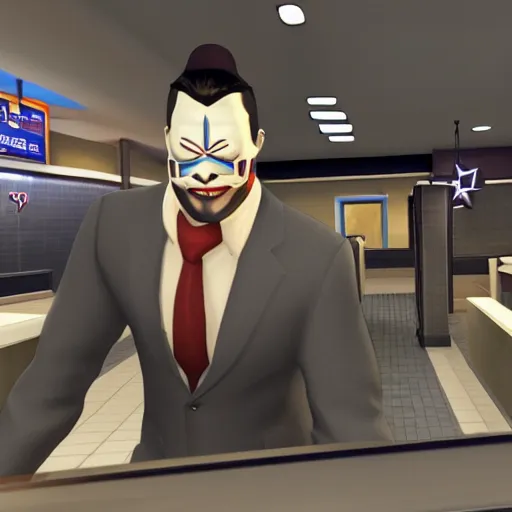 Prompt: Dallas from payday two at a McDonalds