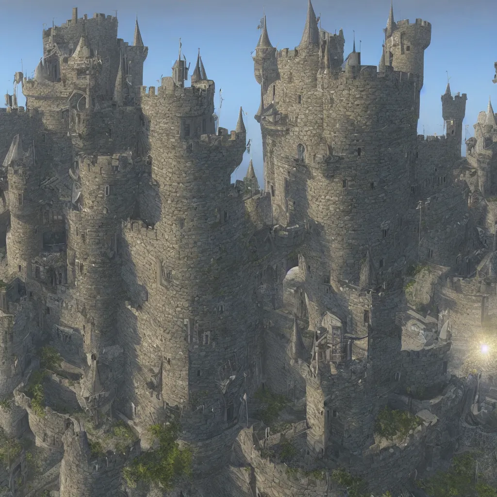 Image similar to castle, 4 towers, photorealistic, hyper detailed, picture taken from the ground, first person perspective, realistic