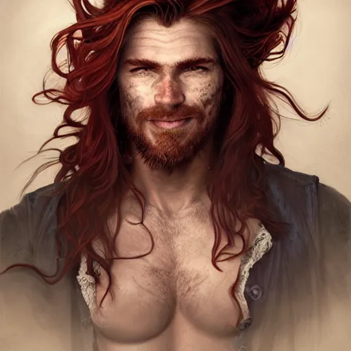 Image similar to portrait of a young ruggedly handsome but joyful pirate, faint freckles, male, masculine, upper body, red crimson crimson deep red hair, long long flowing hair, fantasy, proud smirk, intricate, elegant, highly detailed, digital painting, artstation, concept art, matte, sharp focus, illustration, art by artgerm and greg rutkowski and alphonse mucha