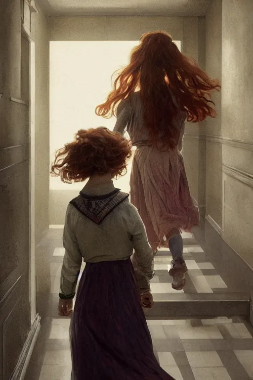 Prompt: Finn Wolfhard and Sadie Sink running down a white hallway, dramatic backlighting, autochrome, high contrast, highly detailed, sharp focus, digital painting, concept art, illustration, trending on artstation, art by greg rutkowski and greg hildebrandt, composition by alphonse mucha