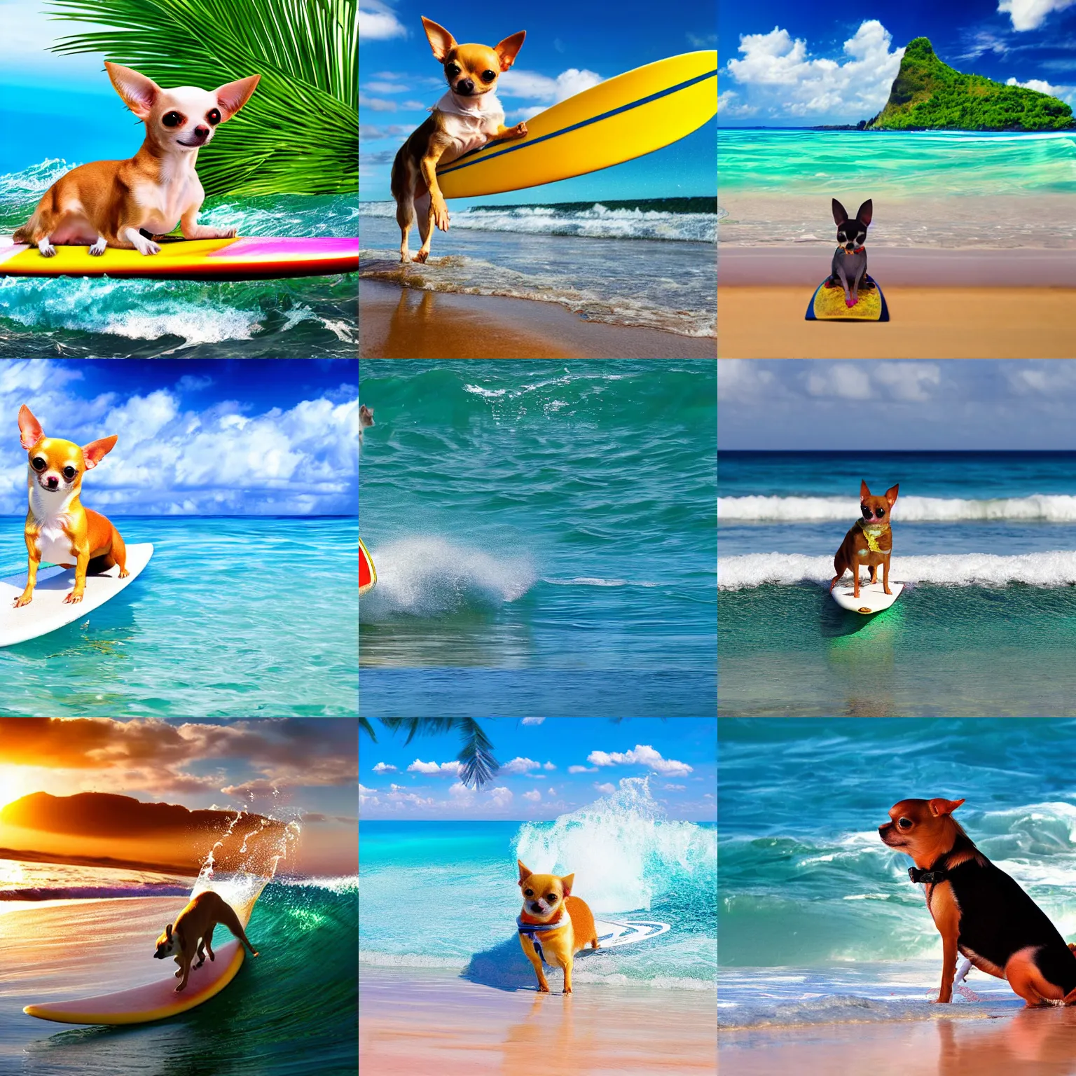 Image similar to chihuahua surfing tropical background waves focus photography 4k hyper realism surreal sunny beach