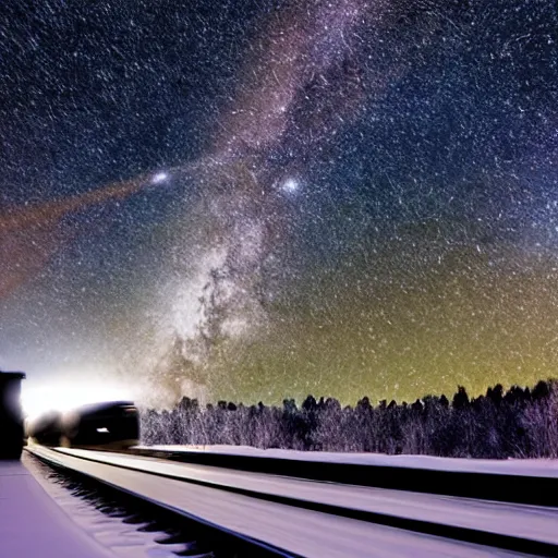 Image similar to a night train rushes through the milky way, winter