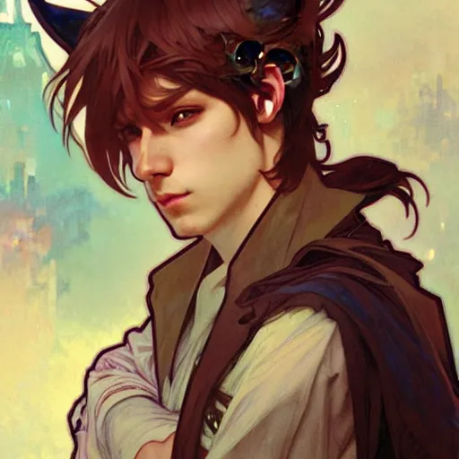 Image similar to Portrait of a pretty fantasy catboy with cat ears. Art by Greg Rutkowski and Alphonse Mucha