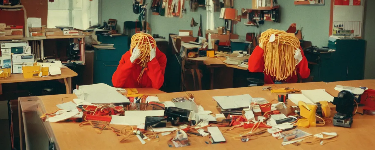 Image similar to security cam footage of someone with their head on spaghetti at their desk, at work, kodachrome, in the style of wes anderson, retro!! no repeat!!