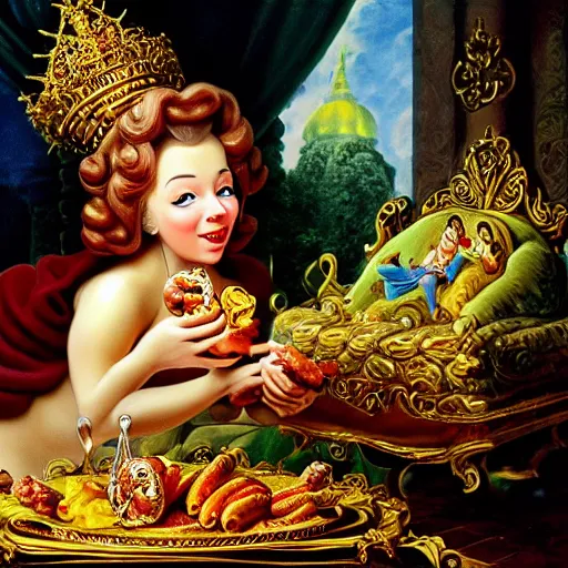 Image similar to pig wearing gold crown eating polish sausage, Realistic, Regal, Refined, Detailed Digital Art, Michael Cheval, Walt Disney (1937), François Boucher, Oil Painting, Steampunk, Highly Detailed, Cinematic Lighting, Unreal Engine, 8k