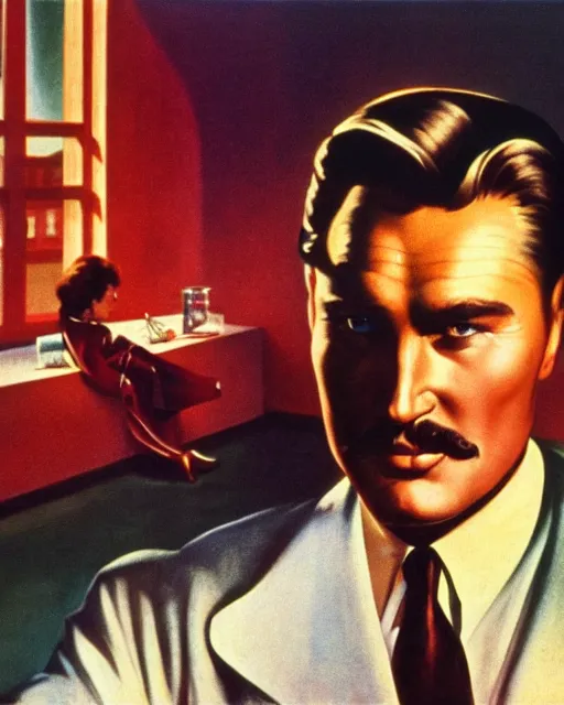 Prompt: Errol Flynn as a scientist. 1980s dystopian Soviet Russia, propaganda screens. Unreal engine, fantasy art by Edward Hopper. Faithfully depicted facial expression, perfect anatomy global illumination, radiant light, detailed and intricate environment