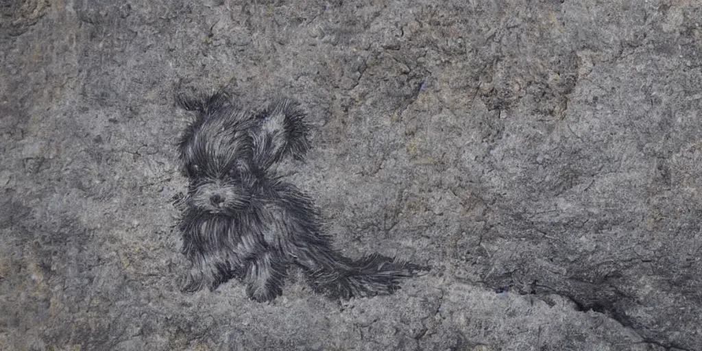 Image similar to A Yorkshire Terrier very roughly sketched on the wall of a cave, a petrogliph, stone art by Pueblan peoples, stone art