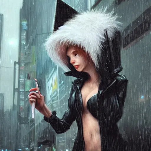 Prompt: white anthropomorphic female vulpes vulpes fulva, long snout, fluffy tail, smoking a cigarette in the rain, in crowded and wet street of a city, cyberpunk, harsh neon lights, highly detailed, digital painting, trending on artstation, concept art, sharp focus, illustration, art by artgerm and greg rutkowski and magali villeneuve