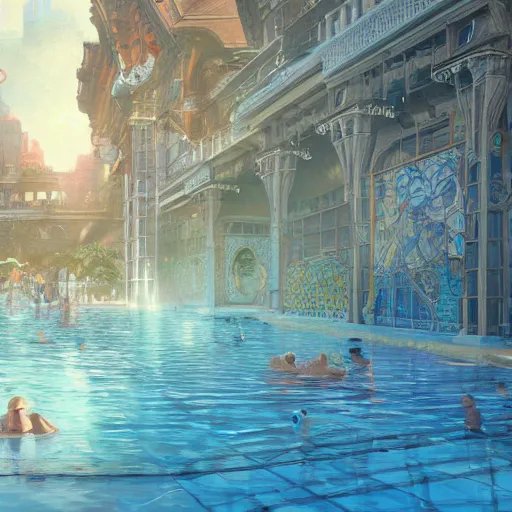 Image similar to city seen from far away in swimming pool, highly detailed, digital painting, artstation concept art, smooth, sharp focus, artgerm, alphonse mucha,