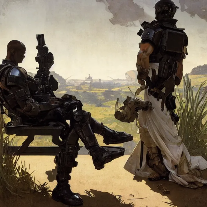 Image similar to an android soldier sits on a bench as an intense battle rages behind him, he is sad, hunched shoulders, detailed concept art by caravaggio and greg rutkowski and alphonse mucha and norman rockwell