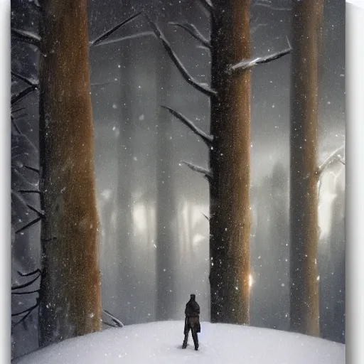 Image similar to a man holding a gun in snow in a couple of trees surrounding the man head view by greg rutkowski