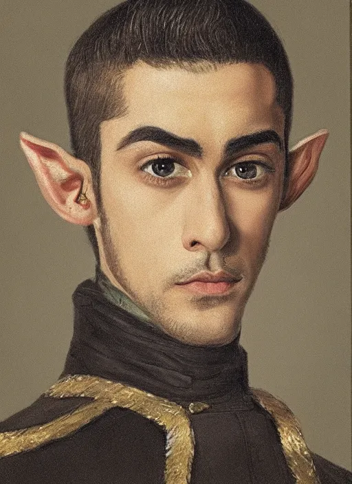 Prompt: portrait of zayn malik as an elf by turner, only one head single portrait, pointy ears, wearing a black leather napoleonic military jacket