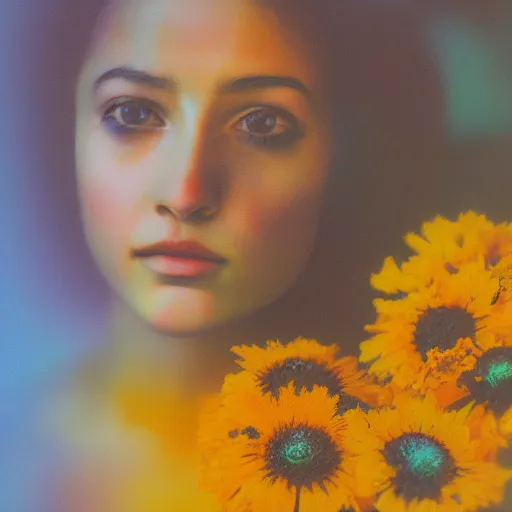 Image similar to realistic expired kodak film portrait of an angel woman flowers, marigold celestial vibe, hyperrealism, hypermaxiymalism, photorealistic, detailed, atmospheric, 8 k, award winning photography, cinematic