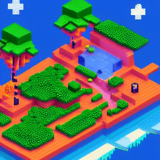 Image similar to Isometric pixel art 3D Fantasy Island, very realistic, no background, very colourful, cinematic lighting, cgi render, trending on Artstation