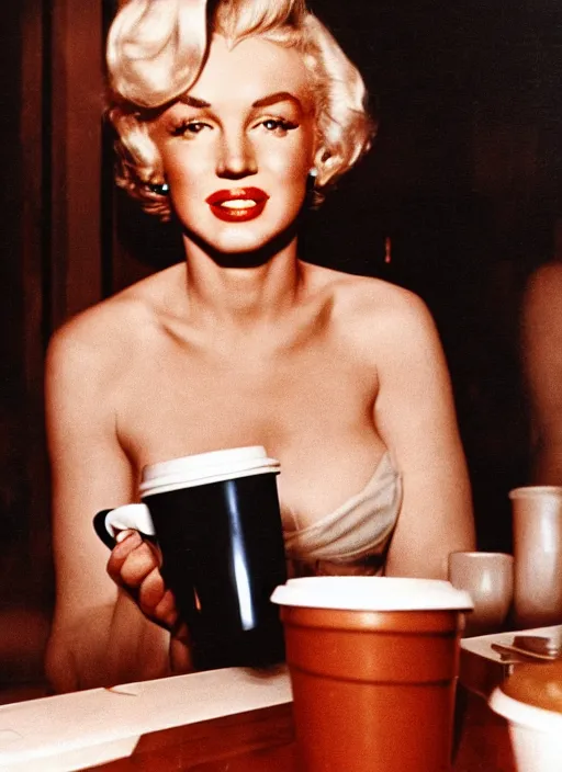 Image similar to A close-up, color cinema film still of a marlin monroe drinking coffee at a starbucks, ambient lighting at night.