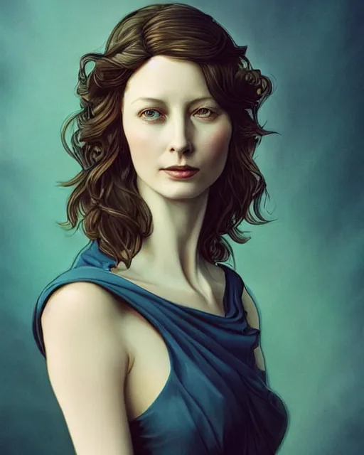 Image similar to in the style of joshua middleton, artgerm, beautiful caitriona balfe, outlander, full body, blue dress, elegant pose, middle shot, spooky, detailed realisitc eyes, detailed realistic eyes, detailed and intricate