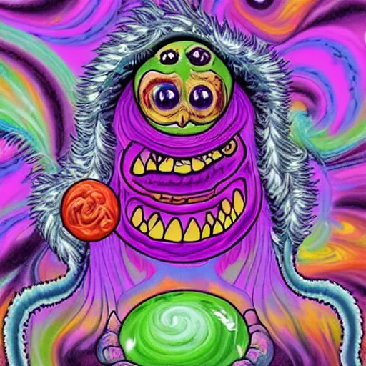 Image similar to infinite mysteries of swirling psychadelic ooze, Crungus evil menacing smiling monster, oil spill Lisa Frank psychadelic horrors, Crungus monster