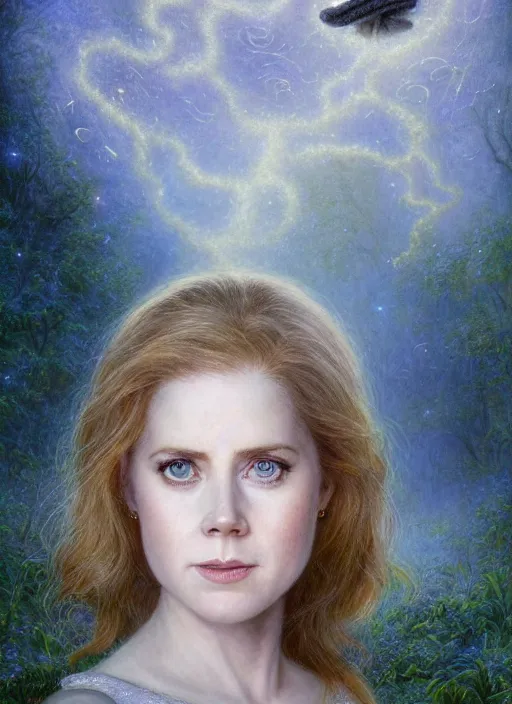 Image similar to Amy Adams staring into the camera, misty wisps, fireflies, Lilia Alvarado, Sophie Anderson, Mark Arian, Bob Byerley, Charlie Bowater, Mark Brooks, Steve Henderson, Justin Gerard, Arthur Hughes, Edward Robert Hughes, Mark Keathley, Victor Nizovtsev, Carlos Shwabe, Ross Tran, WLOP