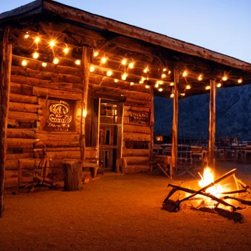 Image similar to cowboy western tavern at night, well lit, campfire