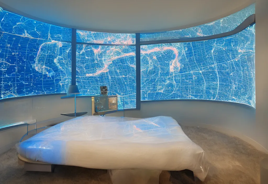 Prompt: curved translucent windows projecting florida holographic weathermap, thin glowing lights, bedroom, visor, users, pair of keycards on table