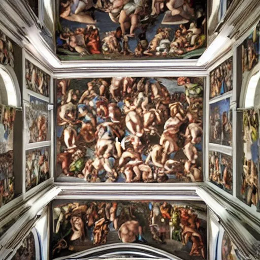 Image similar to Sistine chapel with a star wars painting, realistic, on the roof,