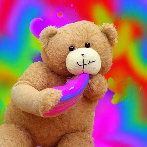 Image similar to teddy bear vomiting rainbow, photorealistic