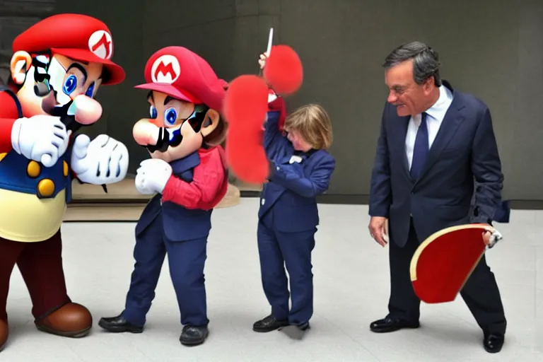 Prompt: sword fight between Mario Draghi and Masha and the Bear