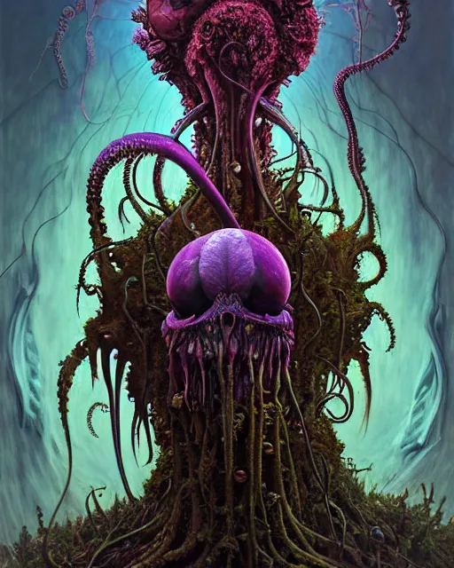 Prompt: the platonic ideal of flowers, rotting, insects and praying of cletus kasady carnage thanos dementor hades chtulu mandelbulb schpongle octopus bioshock xenomorph baraka, ego death, decay, dmt, psilocybin, concept art by randy vargas and zdzisław beksinski