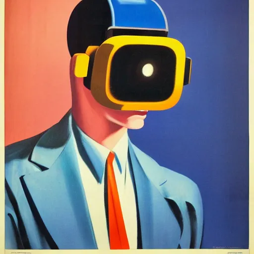 Image similar to man wearing virtual reality headset, 1950s art deco poster, retrofuturism, edward hopper