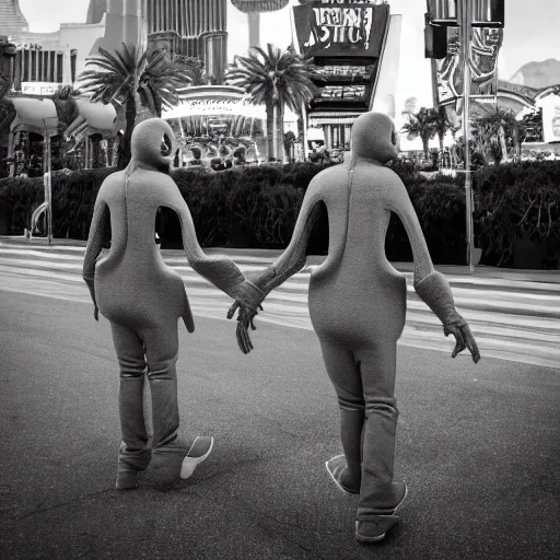 Image similar to actual photography of grey aliens walking along the Las Vegas strip, award winning, high def,