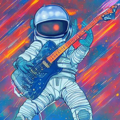 Prompt: wide angle full body of astronaut playing electro guitar, anime, manga, kim jung gi, irakli nadar, bright colors, stars shining, intricate linework, unreal engine 5 highly rendered, global illumination, radiant light, detailed, rendered, gorgeous, trending on artstation