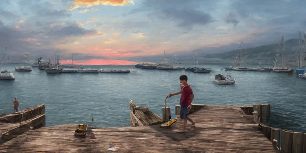 Image similar to wood dock low on water, child at edge of dock, big fishing boat next to the dock with waving sailors. low angle, sunrise, a mediterranean phoenician fishing village in the distance, chalk cliffs above, highly detailed, digital painting, artstation, concept art, sharp focus, illustration, art by artgerm and raphael lacoste and magali villeneuve