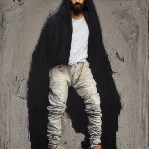 Image similar to a full body portrait of modern day jesus wearing yeezus streetwear hoodie and pants by nicola samori, oil painting, realistic, 8 k, adidas style