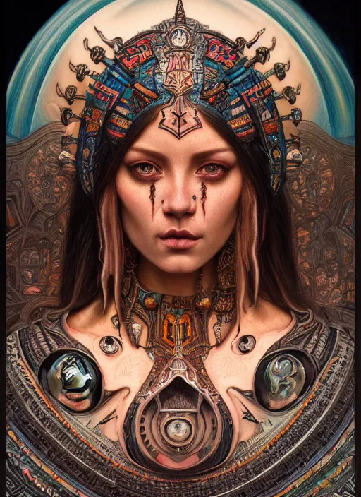 Image similar to hyper detailed masterpiece beautiful aztec face tattoo girl by donato giancola and tom bagshaw, face by artgerm and edmund leighton, and h. r. giger, trending on artstation, colorful, psychedelic aesthetic, ornate, background by james jean, 8 k, biomechanical, majestic, volumetric lighting, porcelain skin, concept art, sharp focus