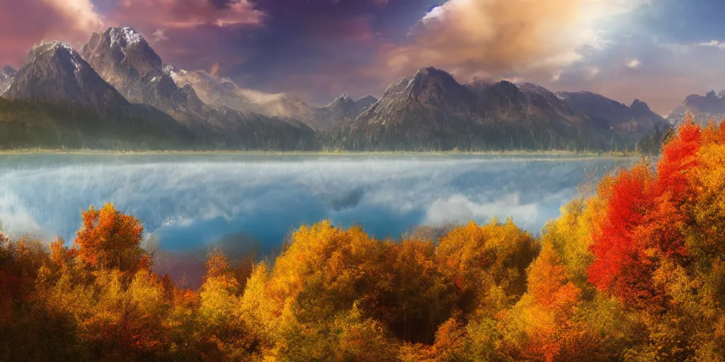 Prompt: peaceful clouds, mountain range, lake, autumn, colorful leaves, epic, matte painting, concept art, 4k