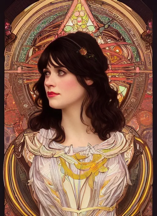 Image similar to Zooey Deschanel as God of Naivety, cute, fantasy, intricate, elegant, highly detailed, digital painting, 4k, HDR, concept art, smooth, sharp focus, illustration, art by alphonse mucha,artgerm, H R Giger