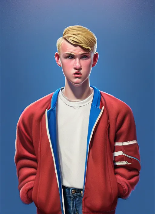 Image similar to portrait of a high school senior boy named moose mason, blonde short hair, jock, beefy, square jaw, square facial structure, 1 9 5 0 s, blue varsity jacket, intricate, elegant, glowing lights, highly detailed, digital painting, artstation, concept art, smooth, sharp focus, illustration, art by wlop, mars ravelo and greg rutkowski