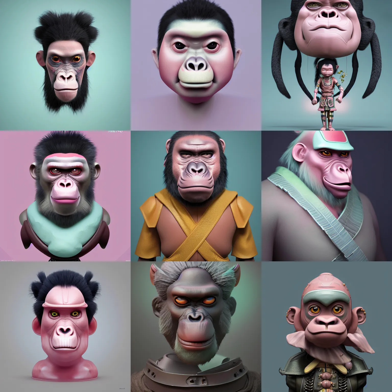 Prompt: an ape samurai warrior by amy sol, hikari shimoda, mark ryden, cute, weird, cool, pastel colors, glossy plastic, face symmetry, artstation, houdini sidefx, octane 3 d, volumetric lighting, 8 k