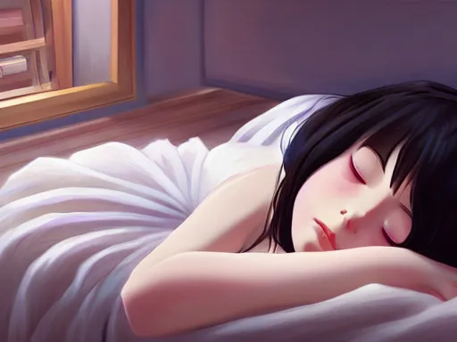 Image similar to room with an little girl with an long black hair dressed in a simple white dress sleeping, anime art style, digital art ilya kuvshinov, inspired by balthus, hd, 4 k, hyper detailed, dark, anatomically correct, angelic face