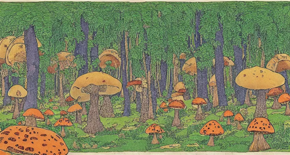 Prompt: A tribal village in a forest of giant mushrooms, by Ivan Bilibin,