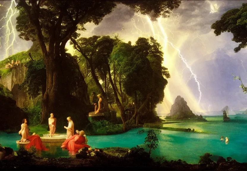 Image similar to Palace of the chalice, refracted sparkles, thunderstorm, greek pool, beach and Tropical vegetation on the background major arcana sky, by paul delaroche, hyperrealistic 4k uhd, award-winning, very very very detailed