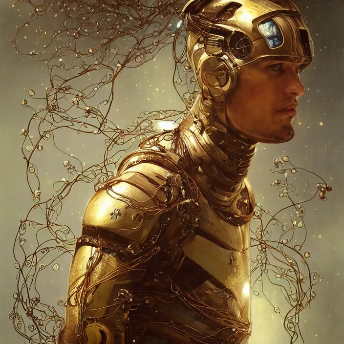 Prompt: hyperrealist portrait of a 2 0 4 4 space sport ironman, it is decorated with long gold wires and white flowers that fall like vines and wears a huge computer crown. by jeremy mann and alphonse mucha, fantasy art, photo realistic, dynamic lighting, artstation, poster, volumetric lighting, dramatic light, very detailed faces, 8 k, award winning