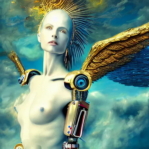 Prompt: UHD photorealistic studio portrait of a cyborg Angel with Angel wings, futuristic robot angel, extremely detailed, 8k, cinematic lighting, in the style of Max Ernst and Karol Bak, art by Amano with vivid colors and crisp details