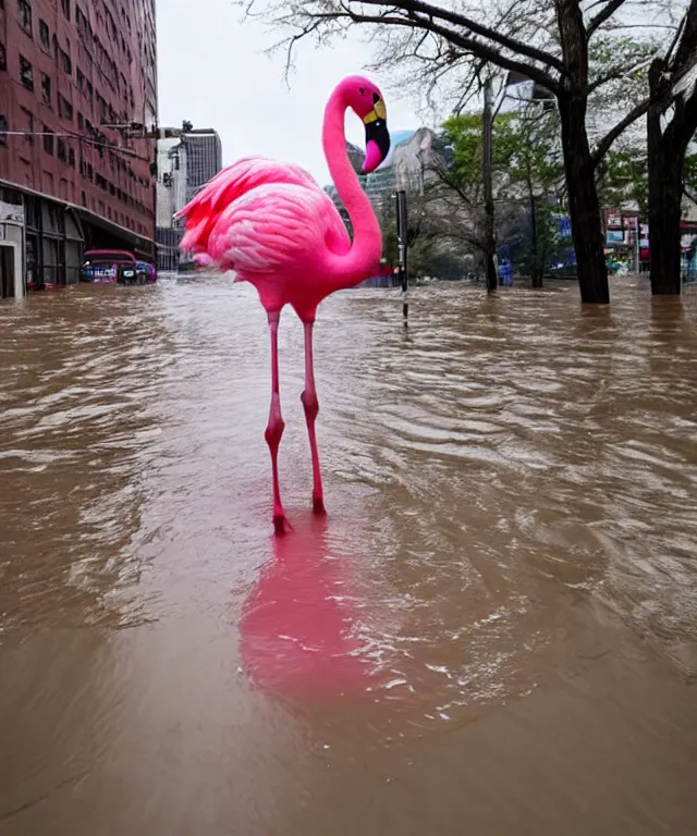 Prompt: breaking news : giant pink flamingo walking through the flooded roads of new york after heavy rainfalls, professional photography taken from a helicopter