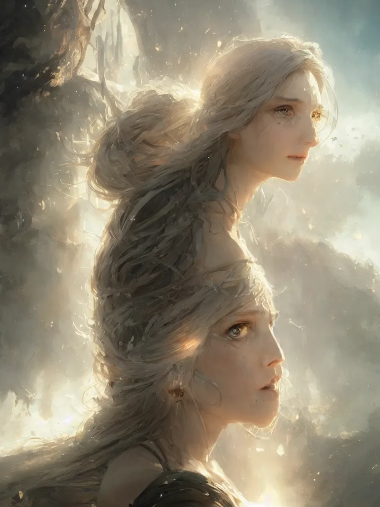 Prompt: a portrait of a beautiful hopeful lady with pretty eyes, beautiful eyes, highly detailed eyes, looking up onto the sky, light smiling, art of wlop and greg rutkowski, intricate, high details, epic fantasy art, bright light masterpiece, ray of light through white hair