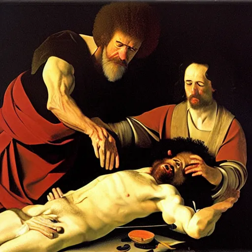 Image similar to the death of bob ross, by caravaggio,