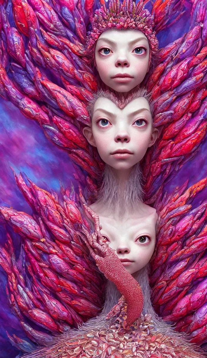 Image similar to hyper detailed 3d render like a Oil painting - kawaii portrait Aurora (a beautiful skeksis queen from dark crystal that looks like Anya Taylor-Joy) seen red carpet photoshoot in UVIVF posing in scaly dress to Eat of the Strangling network of yellowcake aerochrome and milky Fruit and His delicate Hands hold of gossamer polyp blossoms bring iridescent fungal flowers whose spores black the foolish stars by Jacek Yerka, Ilya Kuvshinov, Mariusz Lewandowski, Houdini algorithmic generative render, Abstract brush strokes, Masterpiece, Edward Hopper and James Gilleard, Zdzislaw Beksinski, Mark Ryden, Wolfgang Lettl, hints of Yayoi Kasuma, octane render, 8k